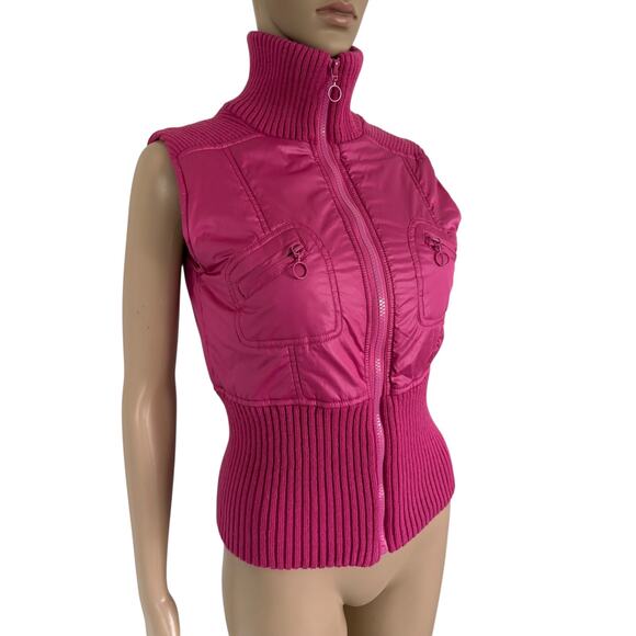 Y2K Body Central Pink Puffer Knit Vest Zip Up High Neck S Barbiecore Fuchsia - Picture 2 of 6